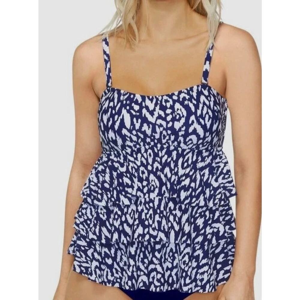 Island Escape Women's Blue Waist Minimizer Swim Tiered Tankini Top Size 8 NWT